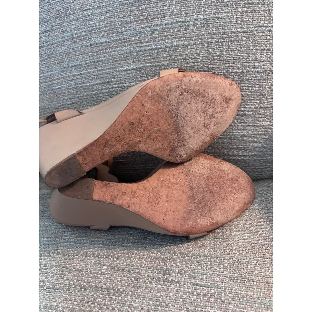 Loeffler Randall Emi Nude Leather Scalloped Wedge Sandals Ankle Strap Tan Size 8